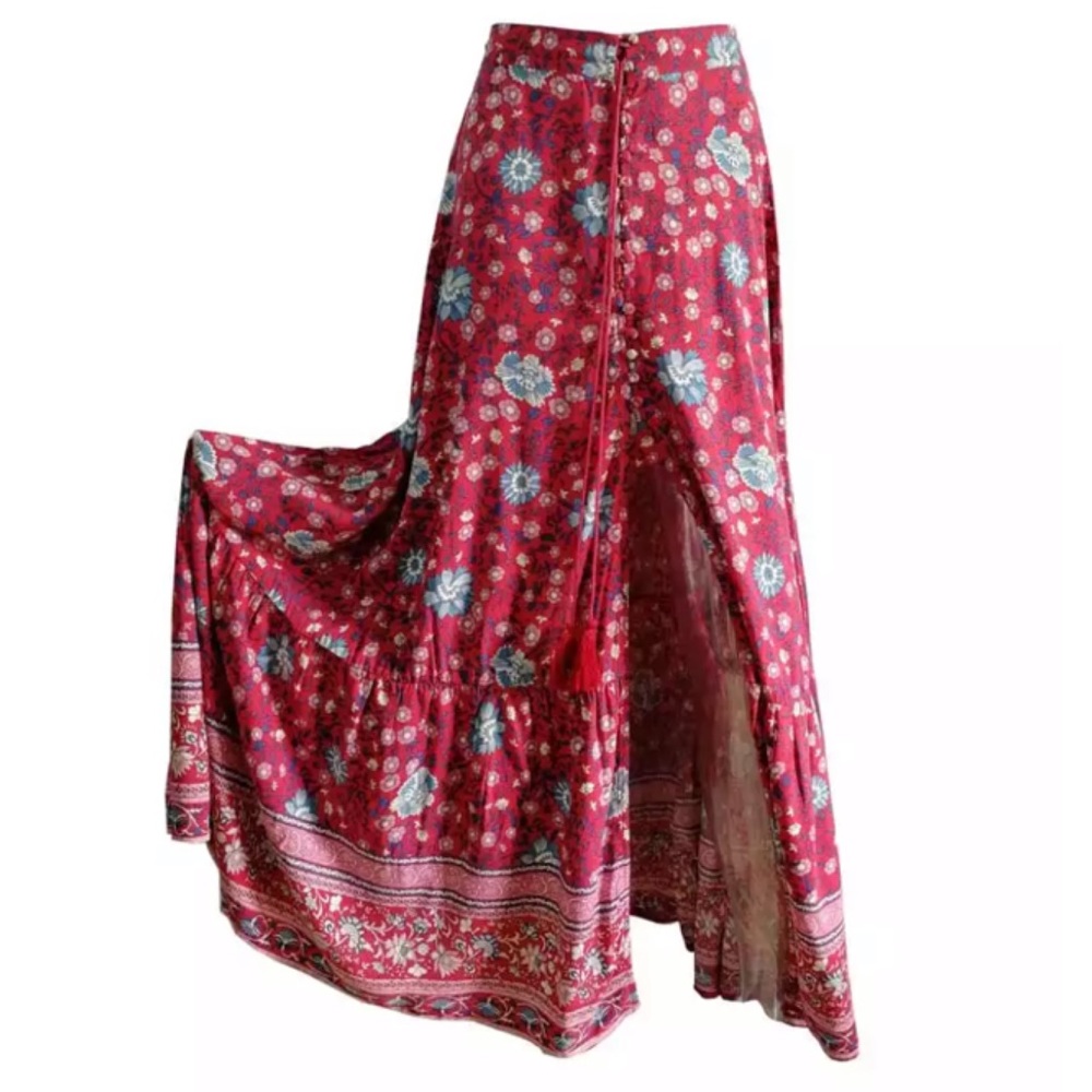 Red Floral Gypsy Bohemian Button Up Long Skirt - Picture 12 of 14